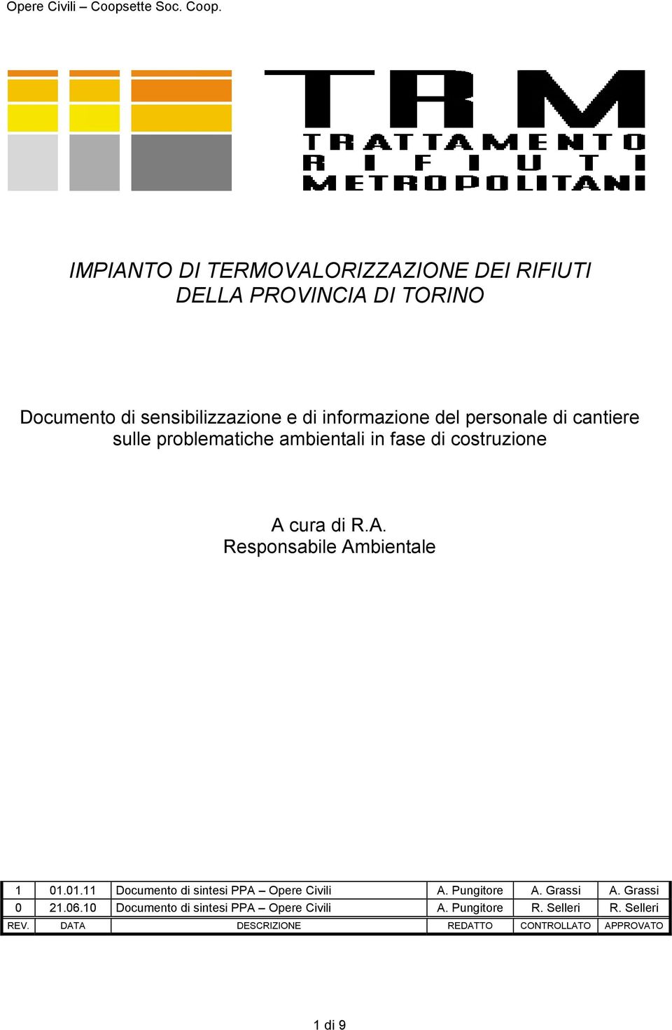 cura di R.A. Responsabile Ambientale 1 01.01.11 Documento di sintesi PPA Opere Civili A. Pungitore A. Grassi A.