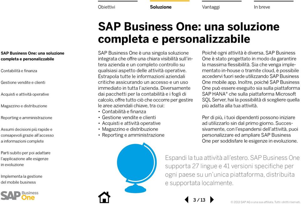 Diversamente dai pacchetti per la contabilità e i fogli di calcolo, offre tutto ciò che occorre per gestire le aree aziendali chiave, tra cui: Poiché ogni attività è diversa, SAP Business One è stato