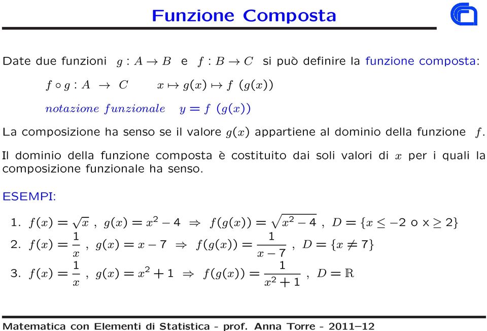 Il dominio della funzione composta è costituito dai soli valori di per i quali la composizione funzionale ha senso.