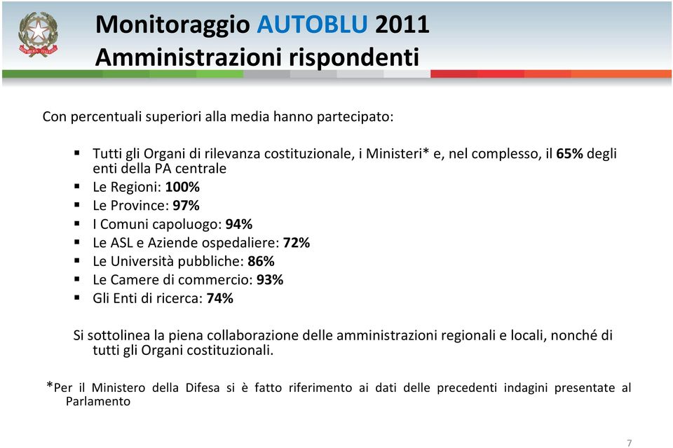 Università pubbliche: 86% Le Camere di commercio: 93% Gli Enti di ricerca: 74% Si sottolinea la piena collaborazione delle amministrazioni regionali e