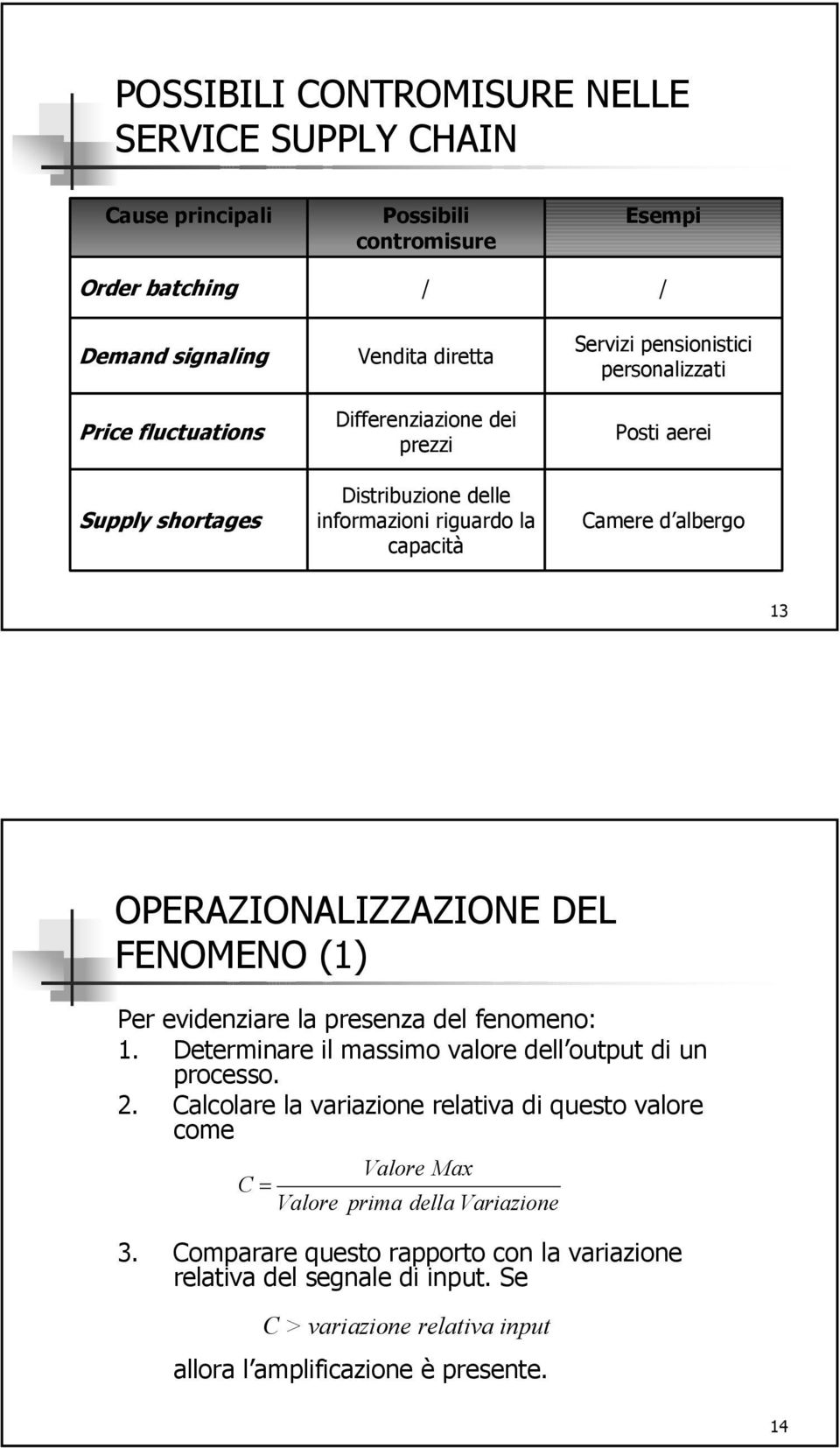 DEL FENOMENO (1) Per evidenziare la presenza del fenomeno: 1. Determinare il massimo valore dell output di un processo. 2.