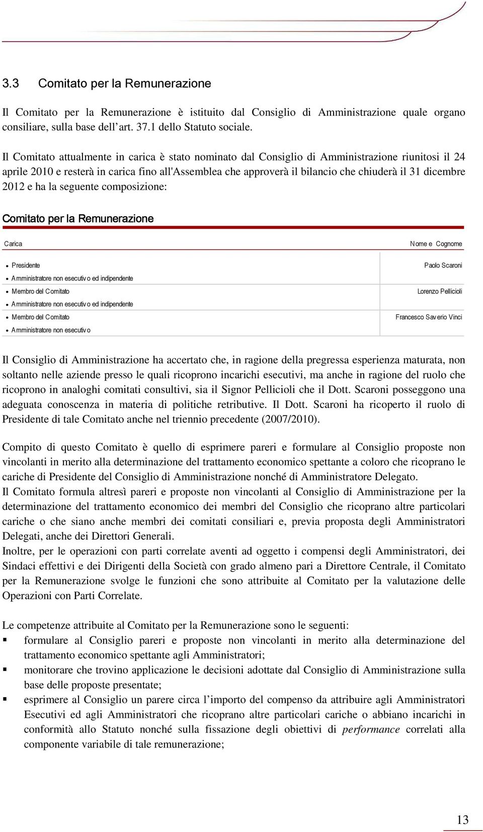 dicembre 2012 e ha la seguente composizione: Comitato per la Remunerazione Carica Nome e Cognome Presidente Amministratore non esecutivo ed indipendente Membro del Comitato Amministratore non