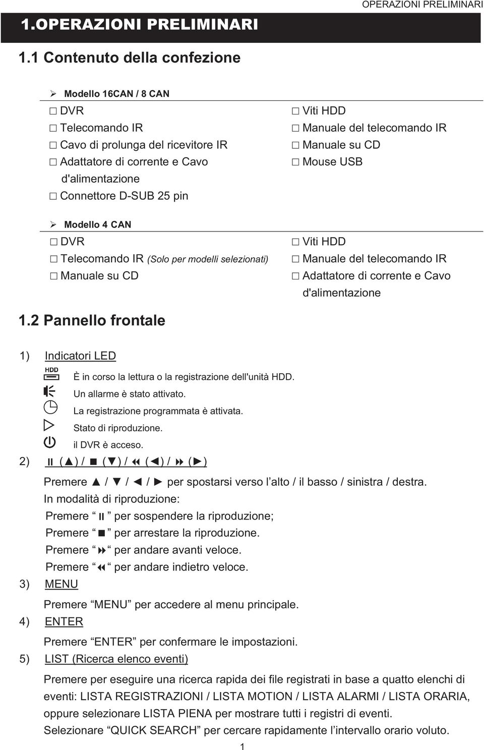 telecomando IR Manuale su CD Mouse USB Modello 4 CAN DVR Telecomando IR (Solo per modelli selezionati) Manuale su CD Viti HDD Manuale del telecomando IR Adattatore di corrente e Cavo d'alimentazione