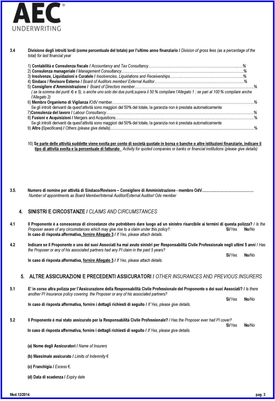 ..% 4) Sindaco / Revisore Esterno / Board of Auditors member/ External Auditor.% 5) Consigliere d Amministrazione / Board of Directors member.