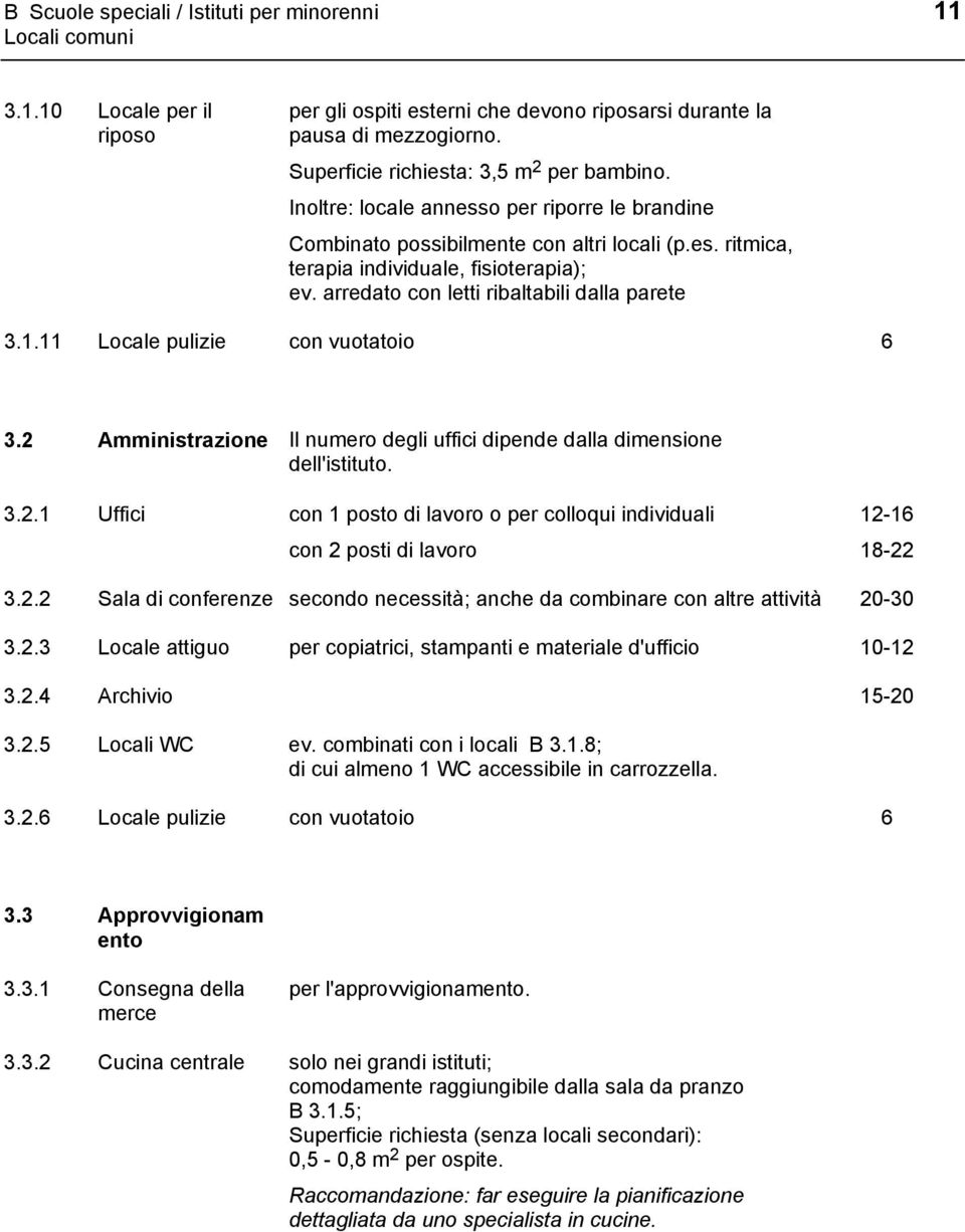 arredato con letti ribaltabili dalla parete 3.1.11 Locale pulizie con vuotatoio 6 3.2 Amministrazione Il numero degli uffici dipende dalla dimensione dell'istituto. 3.2.1 Uffici con 1 posto di lavoro o per colloqui individuali con 2 posti di lavoro 12-16 18-22 3.