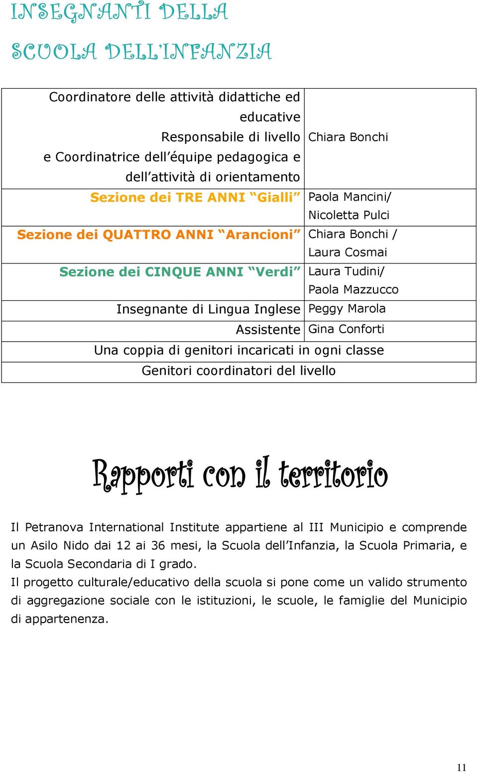 Lingua Inglese Peggy Marola Assistente Gina Conforti Una coppia di genitori incaricati in ogni classe Genitori coordinatori del livello Il Petranova International Institute appartiene al III