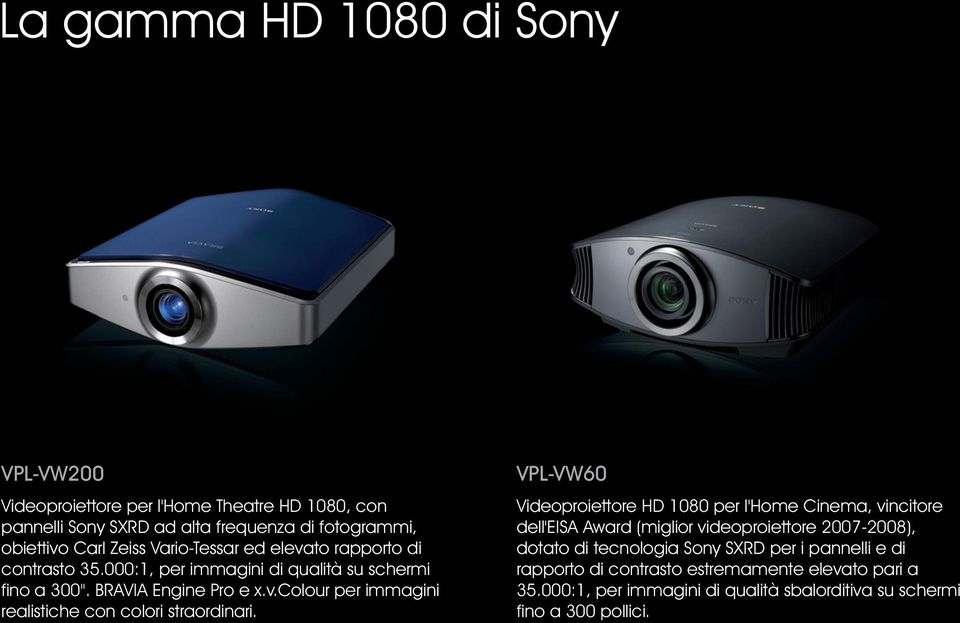 VPL-VW60 Videoproiettore HD 1080 per l'home Cinema, vincitore dell'eisa Award (miglior videoproiettore 2007-2008), dotato di tecnologia Sony SXRD per i