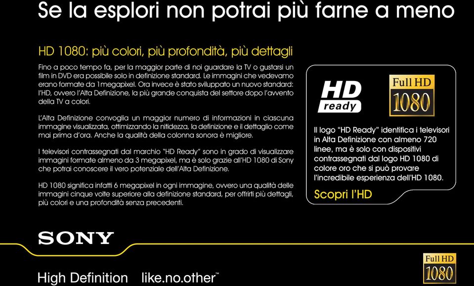 Ora invece è stato sviluppato un nuovo standard: l HD, ovvero l Alta Definizione, la più grande conquista del settore dopo l avvento della TV a colori.