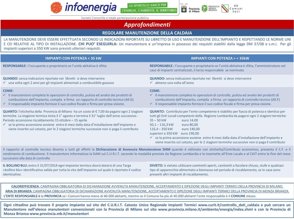 IMPIANTICON POTENZA < 35 kw RESPONSABILE :l occupante o proprietario se l unità abitativa è sfitta QUANDO:senza indicazioni riportate nei libretti si deve intervenire una volta ogni 2 anni per gli