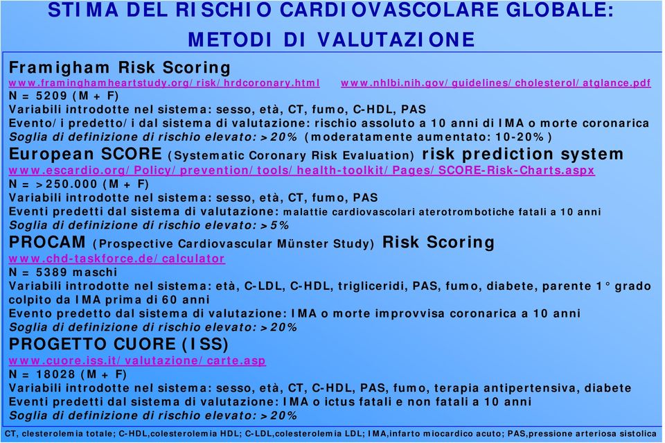 di definizione di rischio elevato: >20% (moderatamente aumentato: 10-20%) European SCORE (Systematic Coronary Risk Evaluation) risk prediction system www.escardio.