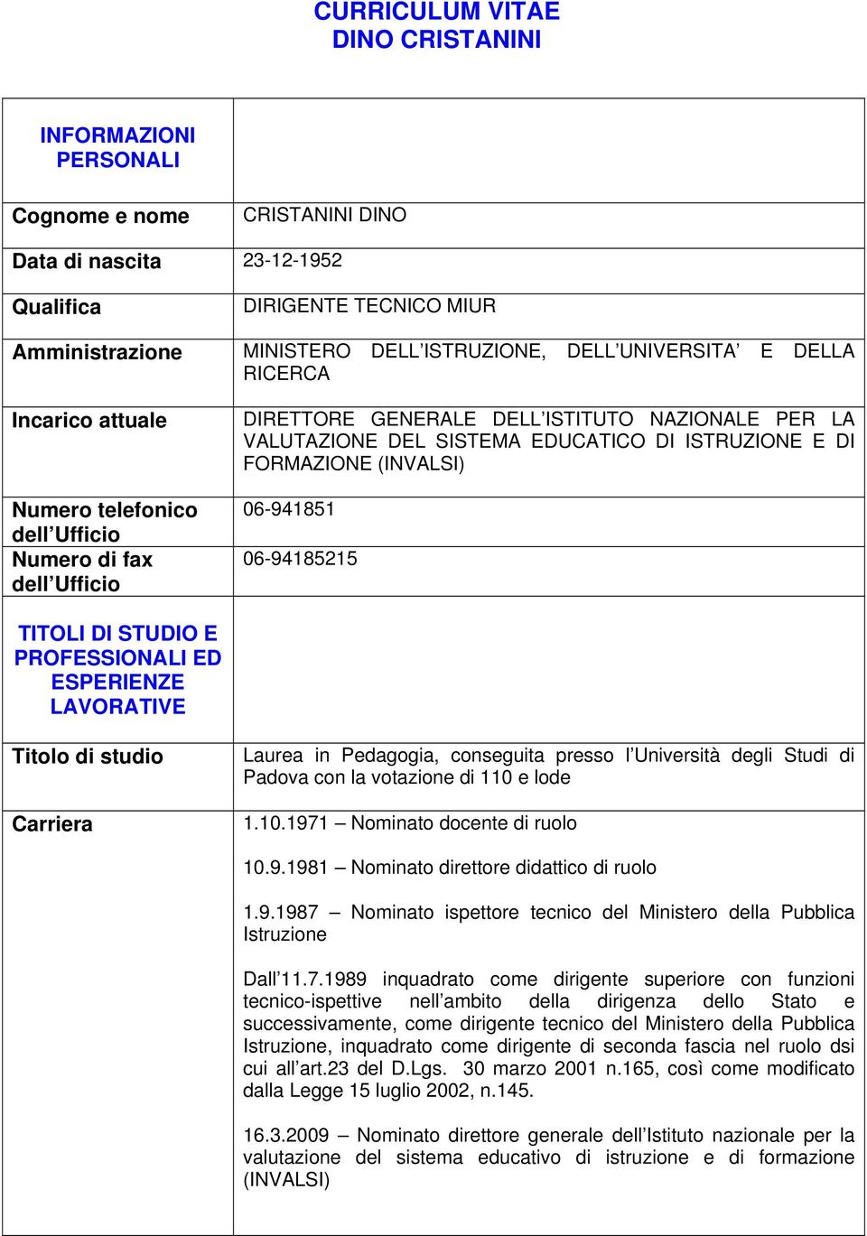 E DI FORMAZIONE (INVALSI) 06-941851 06-94185215 TITOLI DI STUDIO E PROFESSIONALI ED ESPERIENZE LAVORATIVE Titolo di studio Carriera Laurea in Pedagogia, conseguita presso l Università degli Studi di