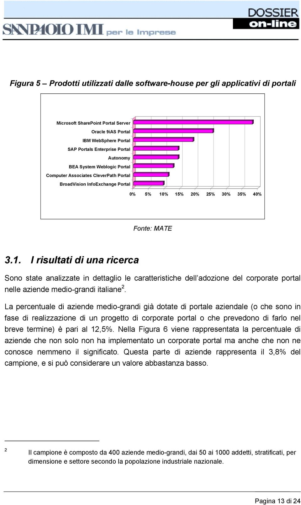 % 15% 20% 25% 30% 35% 40% 3.1. I risultati di una ricerca Sono state analizzate in dettaglio le caratteristiche dell adozione del corporate portal nelle aziende medio-grandi italiane 2.