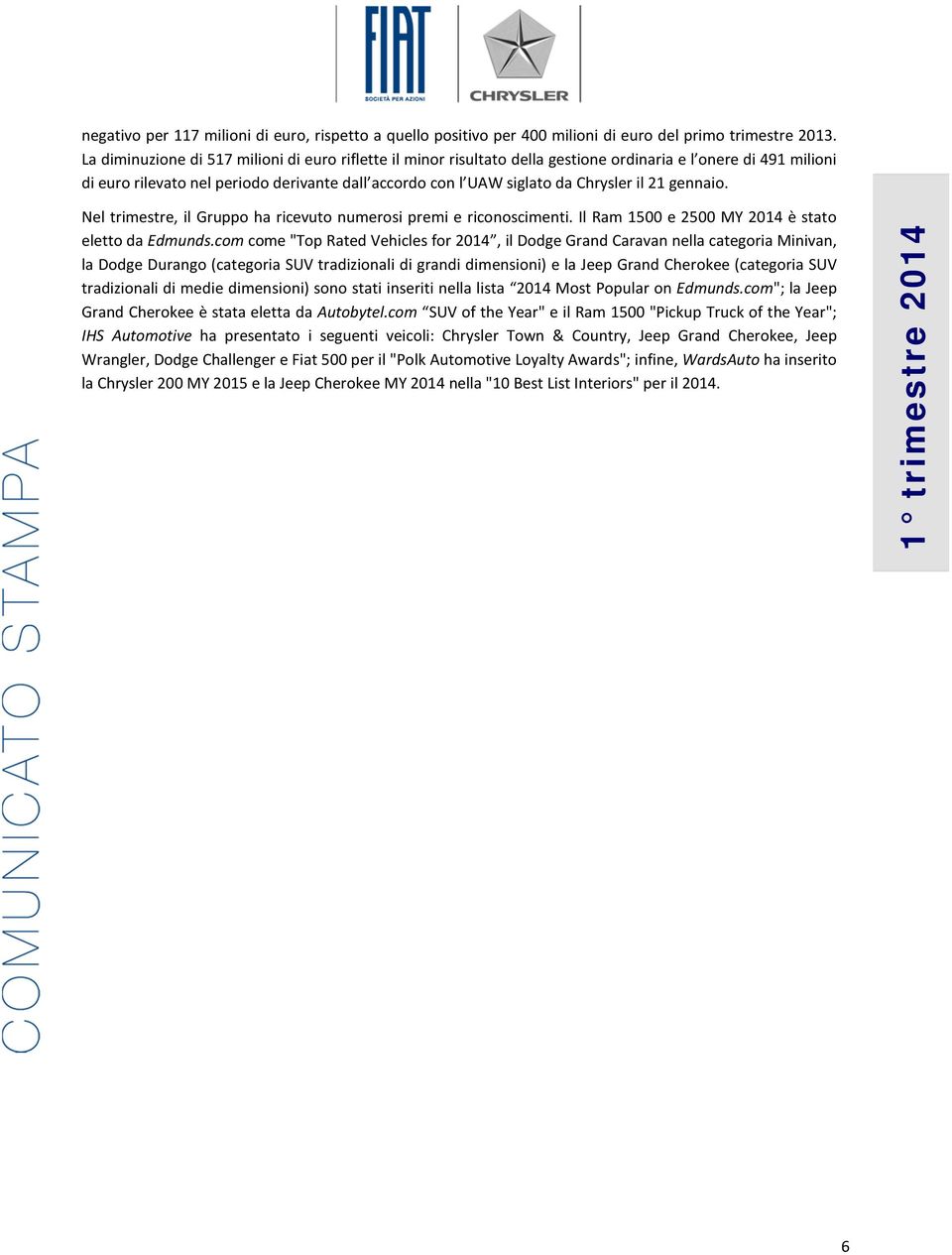 il 21 gennaio. Nel trimestre, il Gruppo ha ricevuto numerosi premi e riconoscimenti. Il Ram 1500 e 2500 MY 2014 è stato eletto da Edmunds.