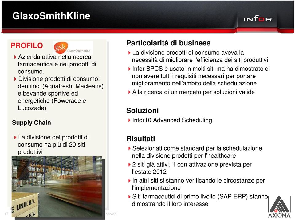 Particolarità di business La divisione prodotti di consumo aveva la necessità di migliorare l'efficienza dei siti produttivi Infor BPCS è usato in molti siti ma ha dimostrato di non avere tutti i