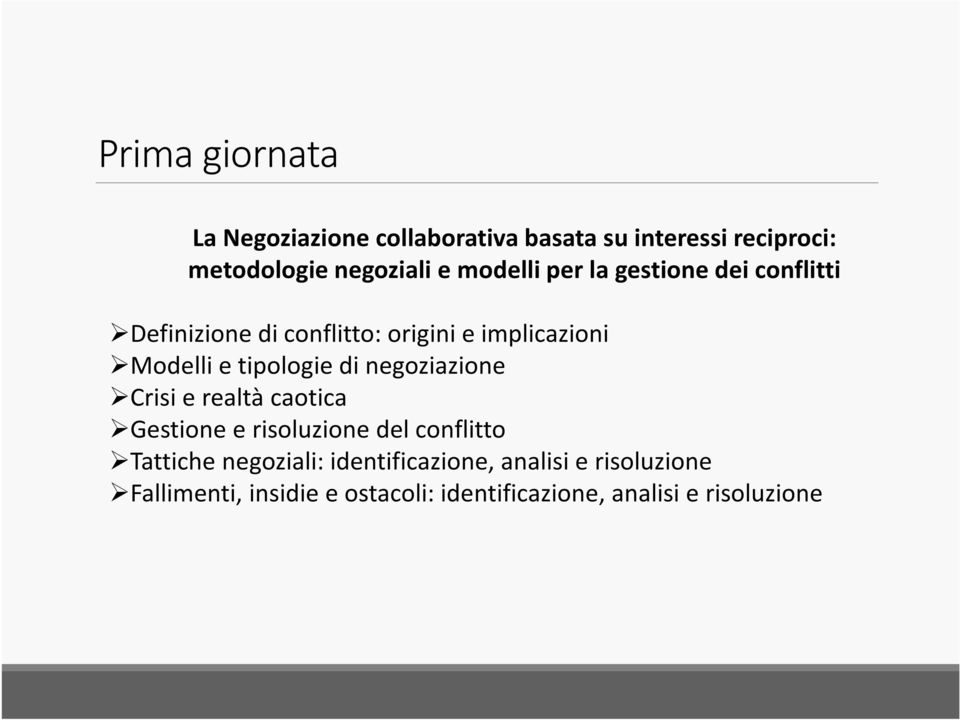 tipologie di negoziazione Crisi e realtà caotica Gestione e risoluzione del conflitto Tattiche