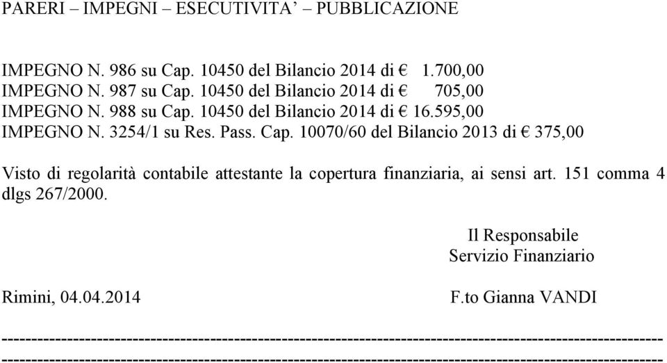 151 comma 4 dlgs 267/2000. Il Responsabile Servizio Finanziario Rimini, 04.04.2014 F.