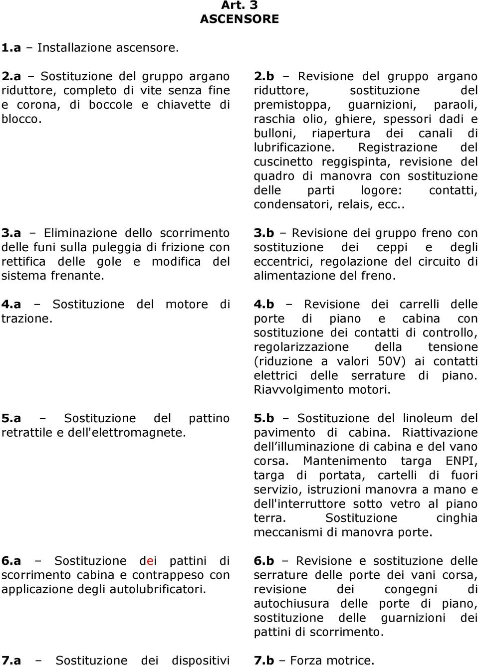 a Sostituzione dei pattini di scorrimento cabina e contrappeso con applicazione degli autolubrificatori. 2.