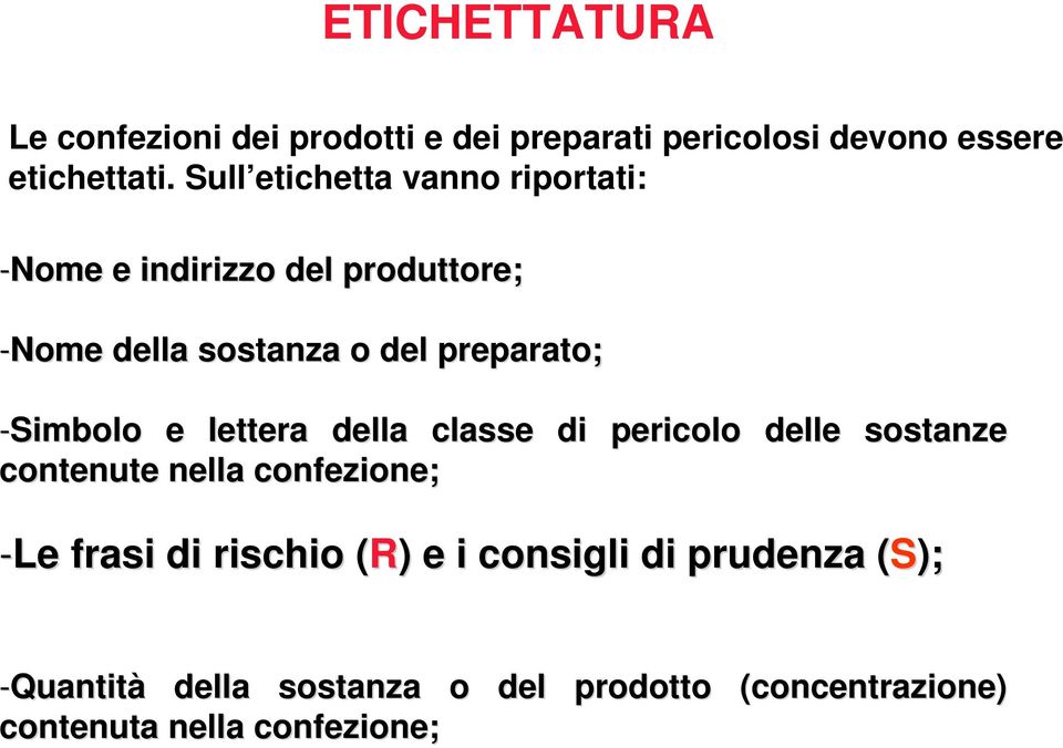 -Simbolo e lettera della classe di pericolo delle sostanze contenute nella confezione; -Le frasi di rischio