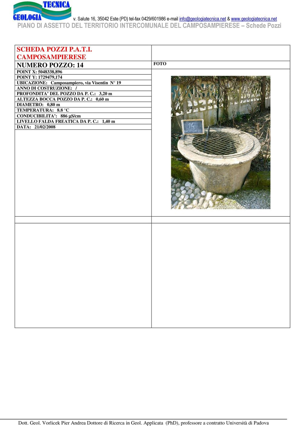 DEL POZZO DA P. C.: 3,20 m ALTEZZA BOCCA POZZO DA P. C.: 0,60 m DIAMETRO: 0,80 m TEMPERATURA: 8.