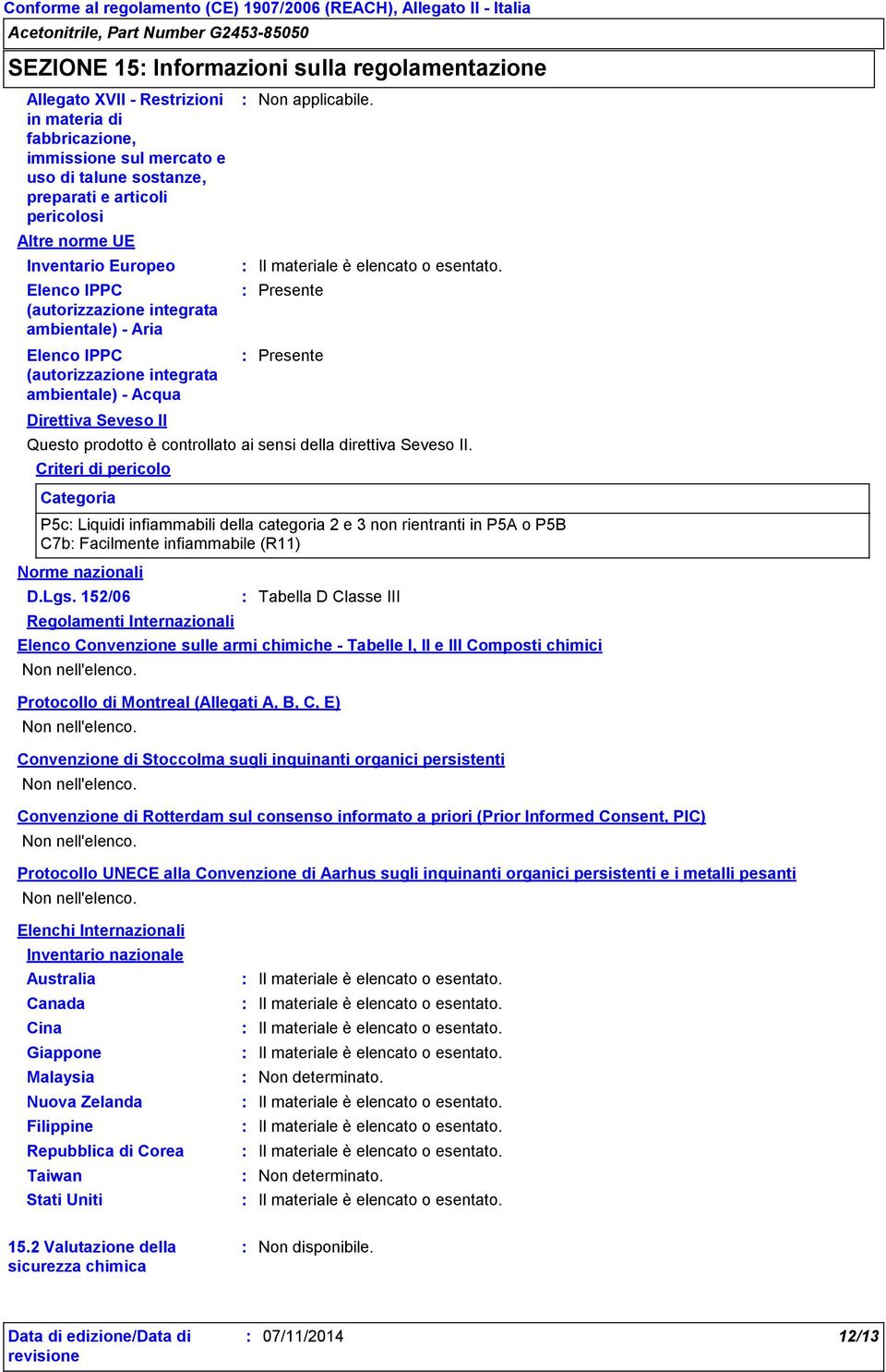 Il materiale è elencato o esentato. Presente Presente Questo prodotto è controllato ai sensi della direttiva Seveso II.