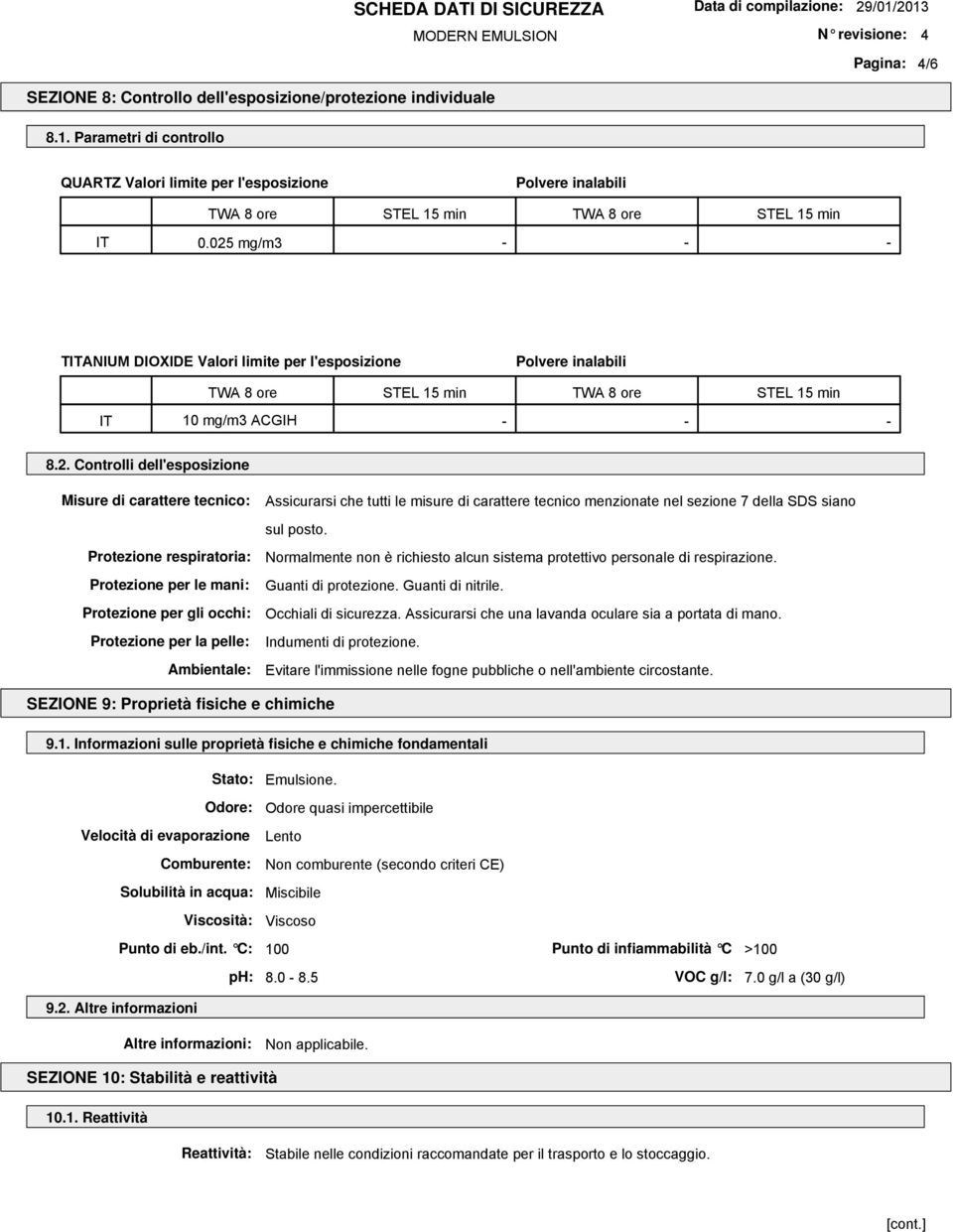 025 mg/m3 - - - TITANIUM DIOXIDE Valori limite per l'esposizione Polvere inalabili TWA 8 ore STEL 15 min TWA 8 ore STEL 15 min IT 10 mg/m3 ACGIH - - - 8.2. Controlli dell'esposizione Misure di