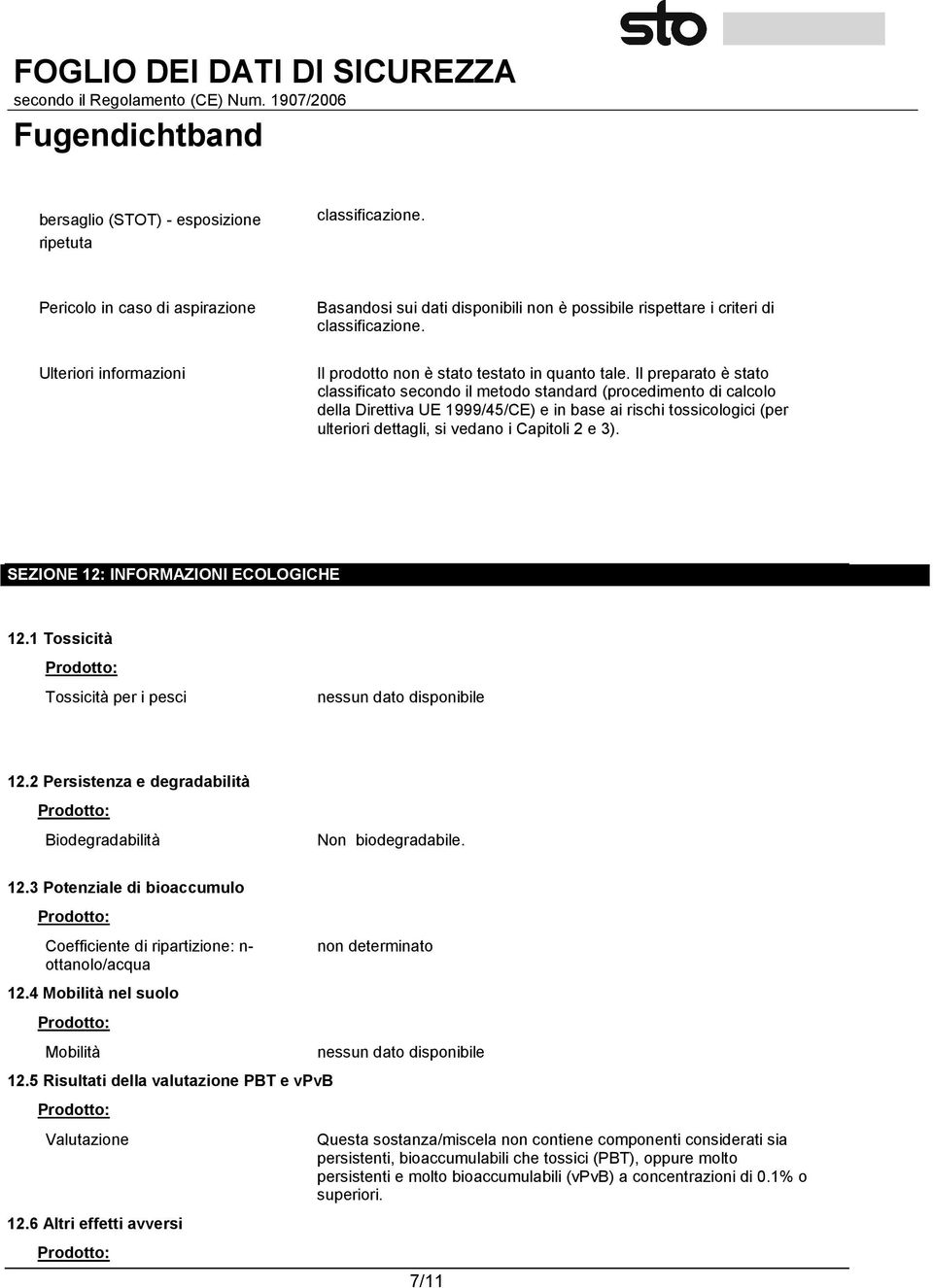 e 3). SEZIONE 12: INFORMAZIONI ECOLOGICHE 12.1 Tossicità Tossicità per i pesci 12.2 Persistenza e degradabilità Biodegradabilità Non biodegradabile. 12.3 Potenziale di bioaccumulo Coefficiente di ripartizione: n- ottanolo/acqua 12.