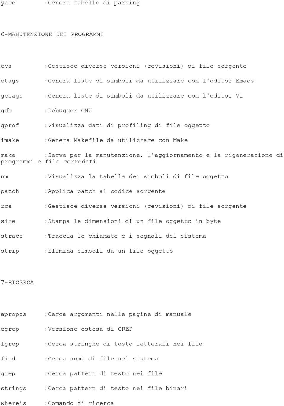 manutenzione, l'aggiornamento e la rigenerazione di programmi e file corredati nm patch rcs size strace strip :Visualizza la tabella dei simboli di file oggetto :Applica patch al codice sorgente