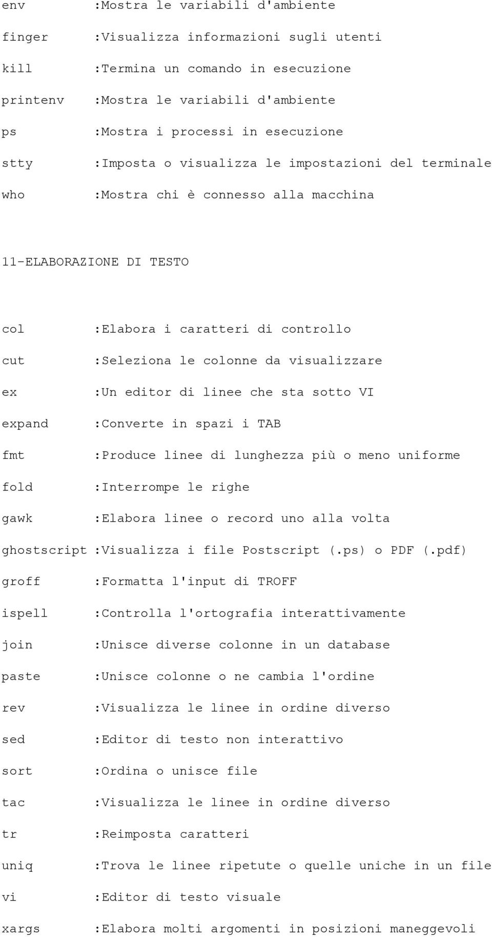 :Seleziona le colonne da visualizzare :Un editor di linee che sta sotto VI :Converte in spazi i TAB :Produce linee di lunghezza più o meno uniforme :Interrompe le righe :Elabora linee o record uno