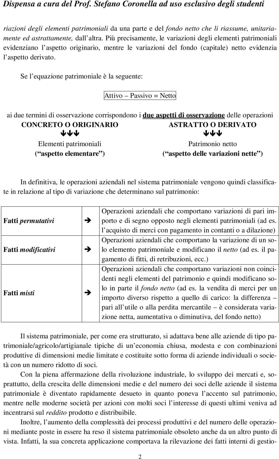 Se l equzione ptrimonile è l seguente: Attivo Pssivo = Netto i due termini di osservzione corrispondono i due spetti di osservzione delle operzioni CONCRETO O ORIGINARIO ASTRATTO O DERIVATO Elementi