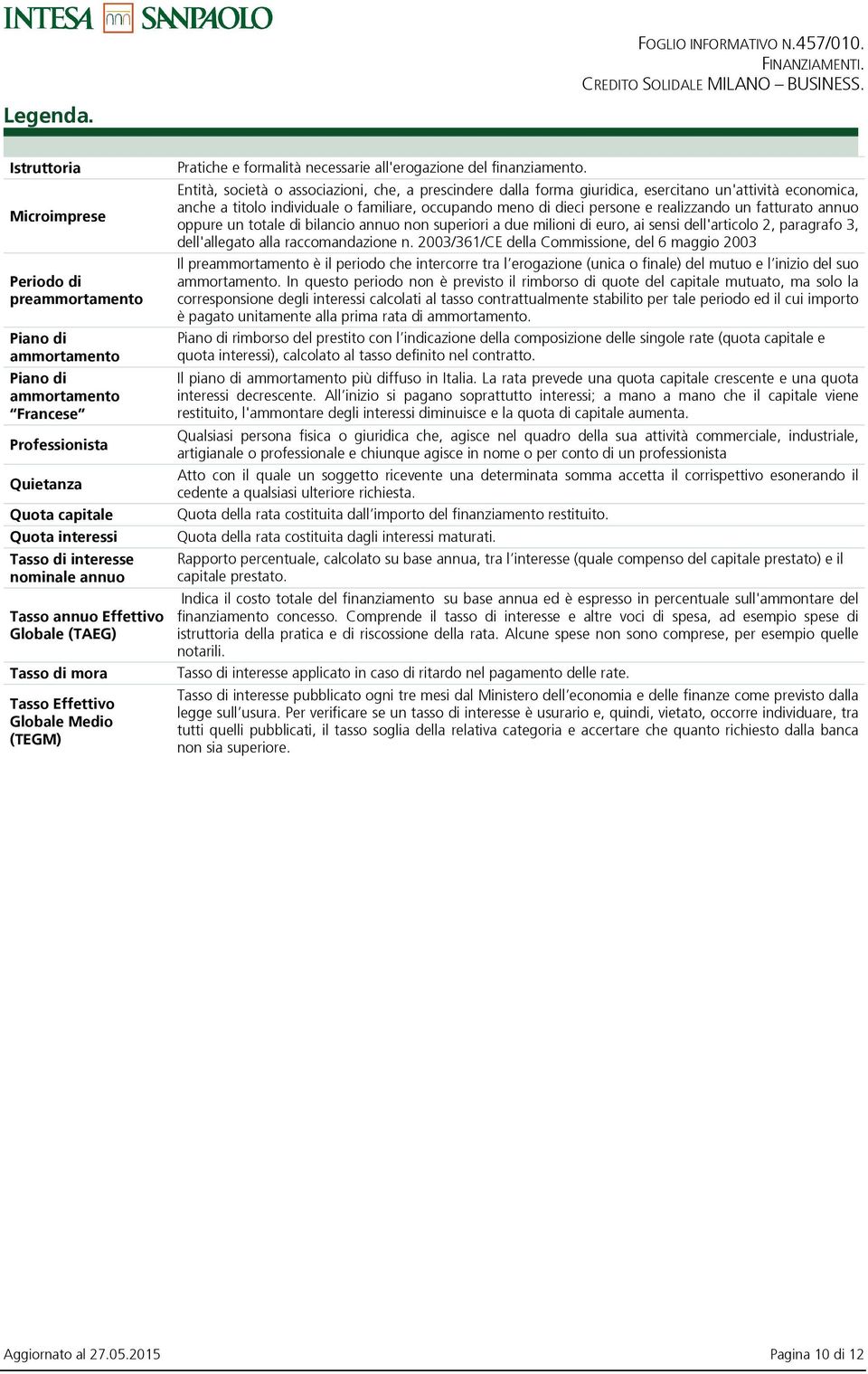 Tasso annuo Effettivo Globale (TAEG) Tasso di mora Tasso Effettivo Globale Medio (TEGM) Pratiche e formalità necessarie all'erogazione del finanziamento.