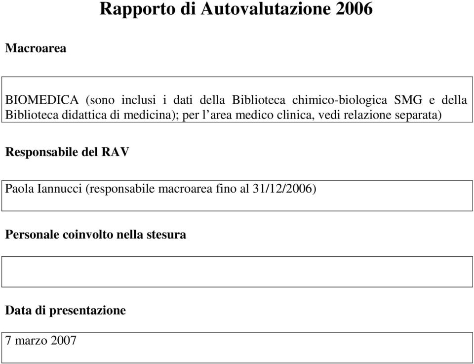 medico clinica, vedi relazione separata) Responsabile del RAV Paola Iannucci