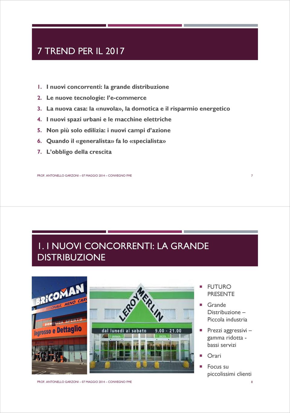 Non più solo edilizia: i nuovi campi d azione 6. Quando il «generalista» fa lo «specialista» 7. L obbligo della crescita PROF.