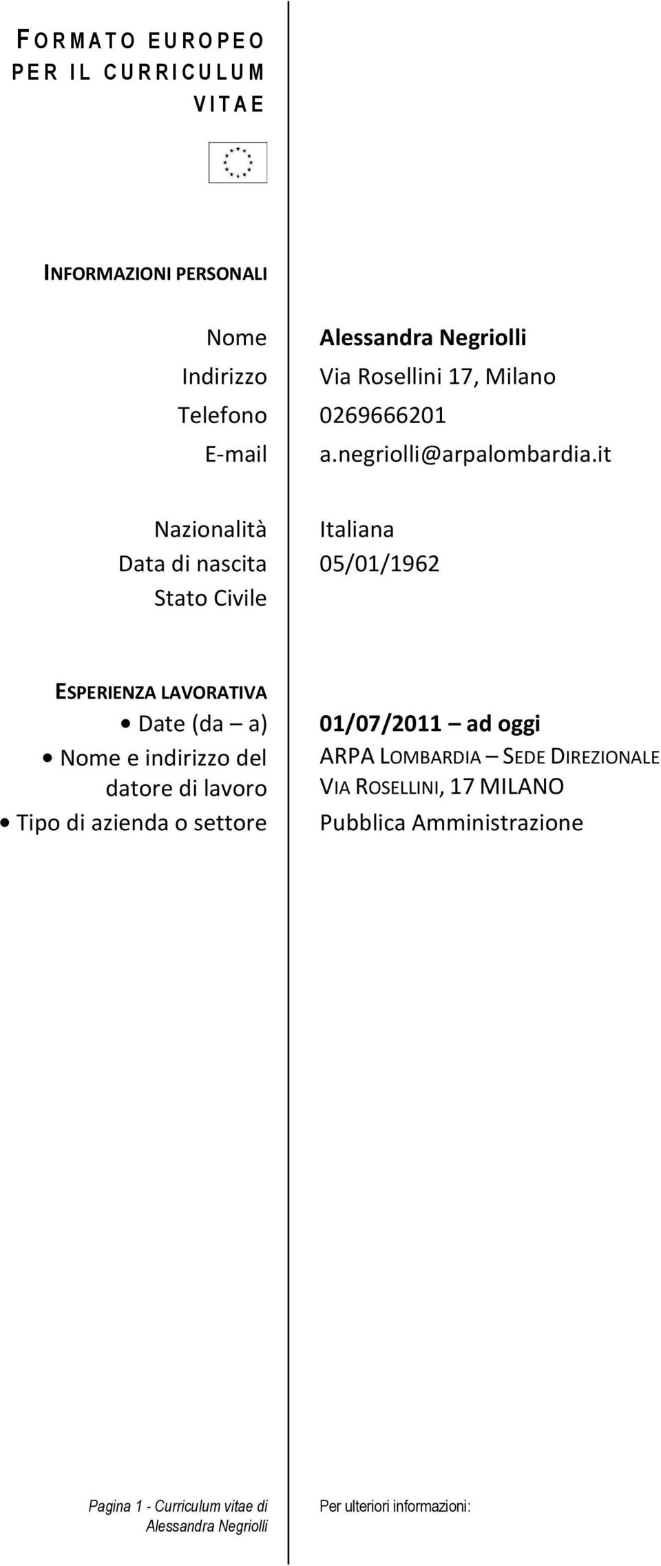 it Nazionalità Italiana Data di nascita 05/01/1962 Stato Civile ESPERIENZA LAVORATIVA Date (da a) Nome e