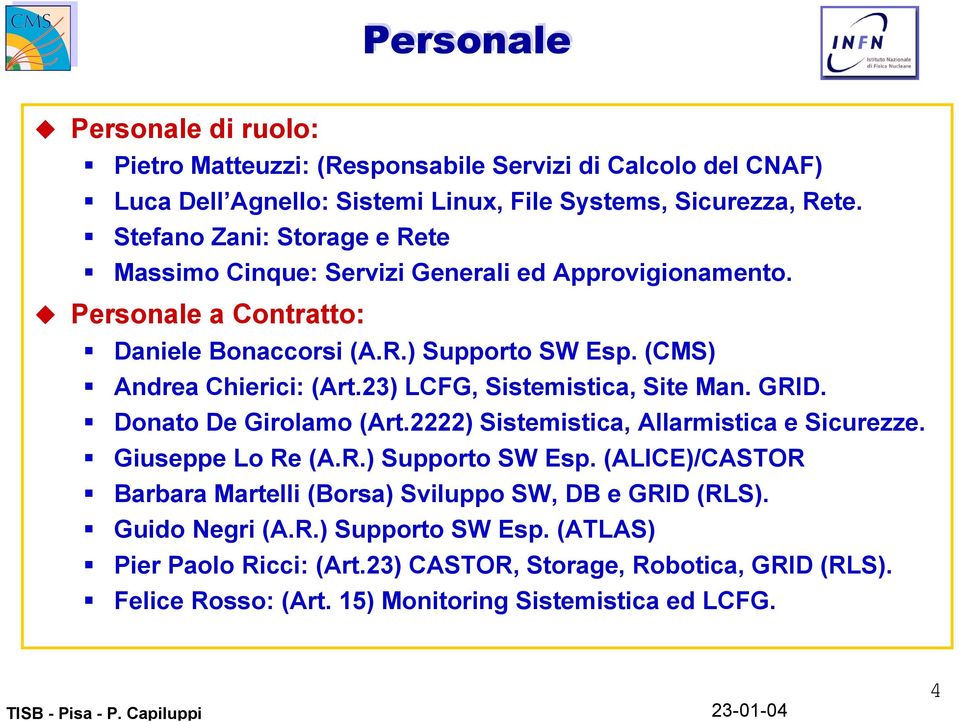 23) LCFG, Sistemistica, Site Man. GRID. Donato De Girolamo (Art.2222) Sistemistica, Allarmistica e Sicurezze. Giuseppe Lo Re (A.R.) Supporto SW Esp.