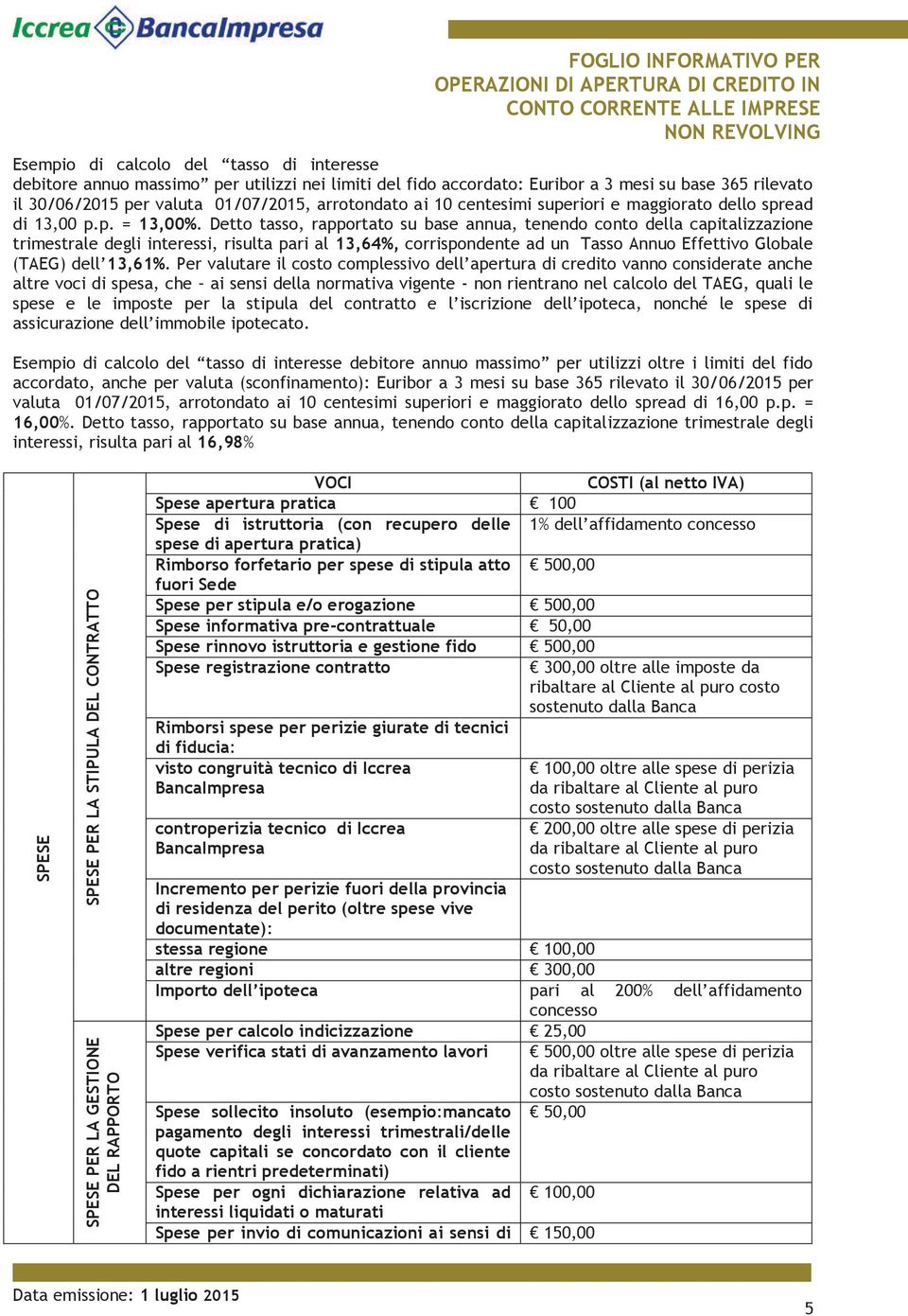 Detto tasso, rapportato su base annua, tenendo conto della capitalizzazione trimestrale degli interessi, risulta pari al 13,64%, corrispondente ad un Tasso Annuo Effettivo Globale (TAEG) dell 13,61%.