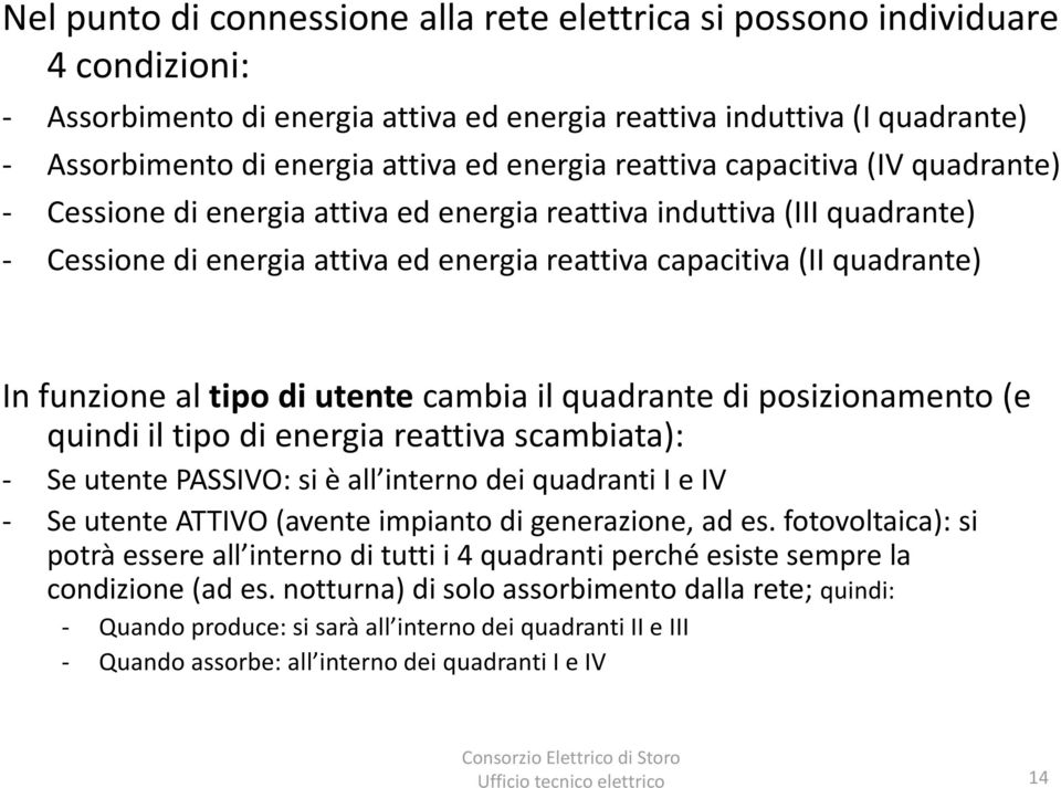 funzione al tipo di utente cambia il quadrante di posizionamento (e quindi il tipo di energia reattiva scambiata): - Se utente PASSIVO: si è all interno dei quadranti I e IV - Se utente ATTIVO