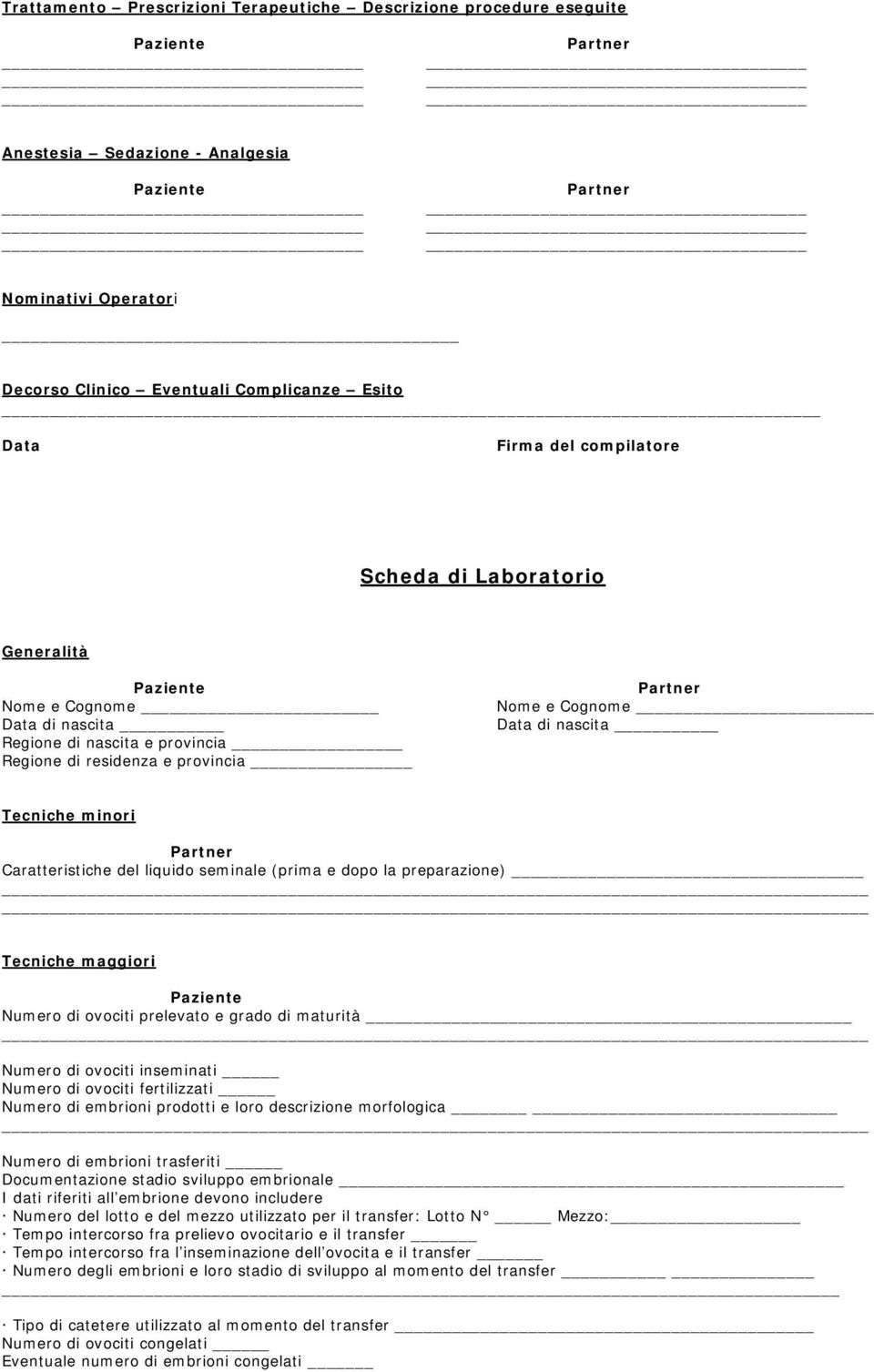 Caratteristiche del liquido seminale (prima e dopo la preparazione) Tecniche maggiori Paziente Numero di ovociti prelevato e grado di maturità Numero di ovociti inseminati Numero di ovociti