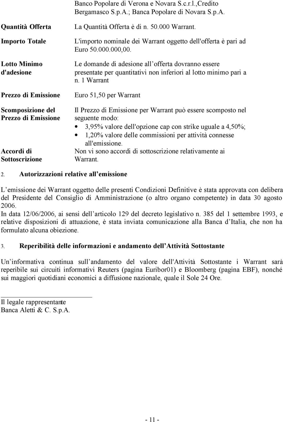 Quantità Offerta Importo Totale Lotto Minimo d'adesione Prezzo di Emissione Scomposizione del Prezzo di Emissione Accordi di Sottoscrizione La Quantità Offerta è di n. 50.000 Warrant.