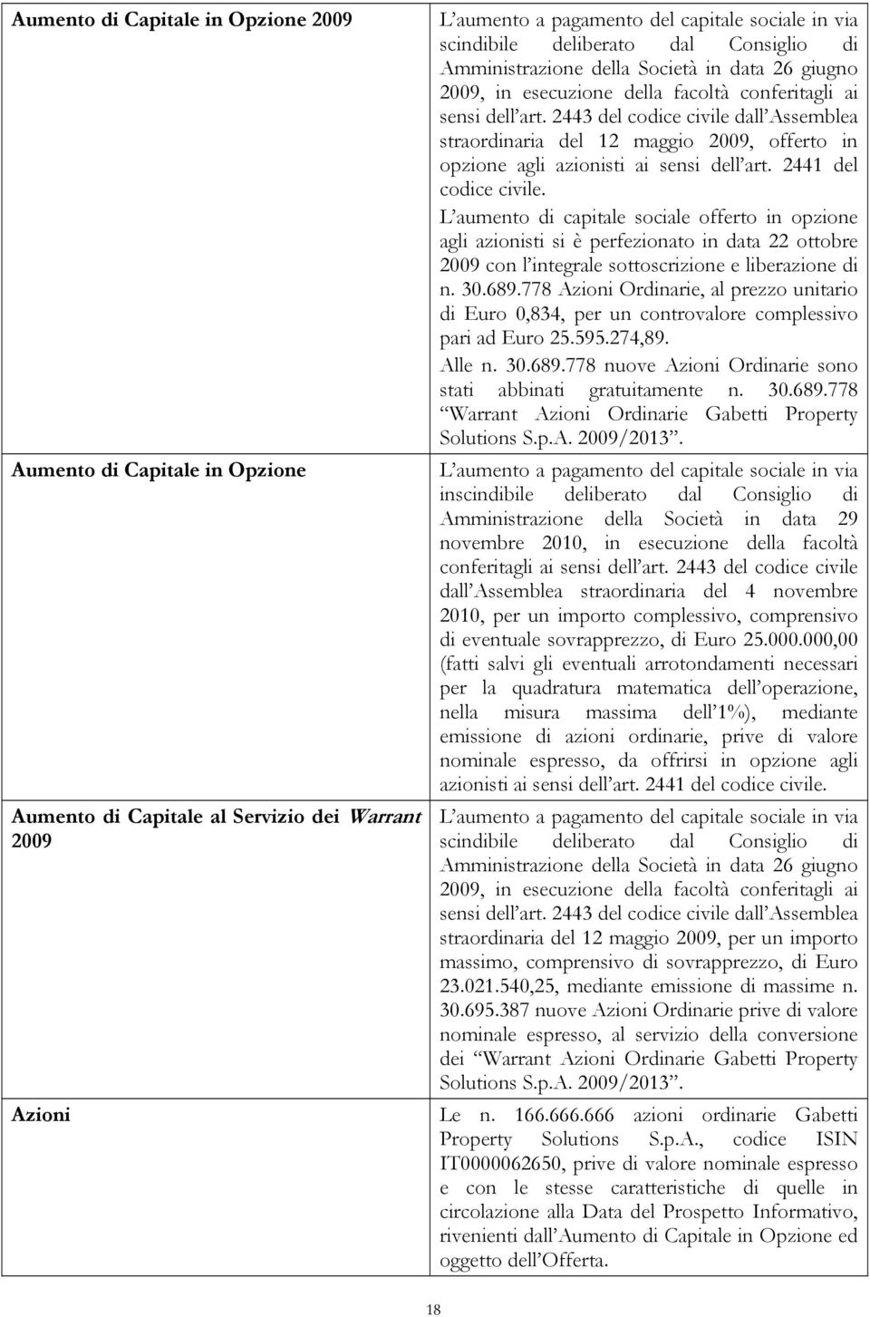 2443 del codice civile dall Assemblea straordinaria del 12 maggio 2009, offerto in opzione agli azionisti ai sensi dell art. 2441 del codice civile.