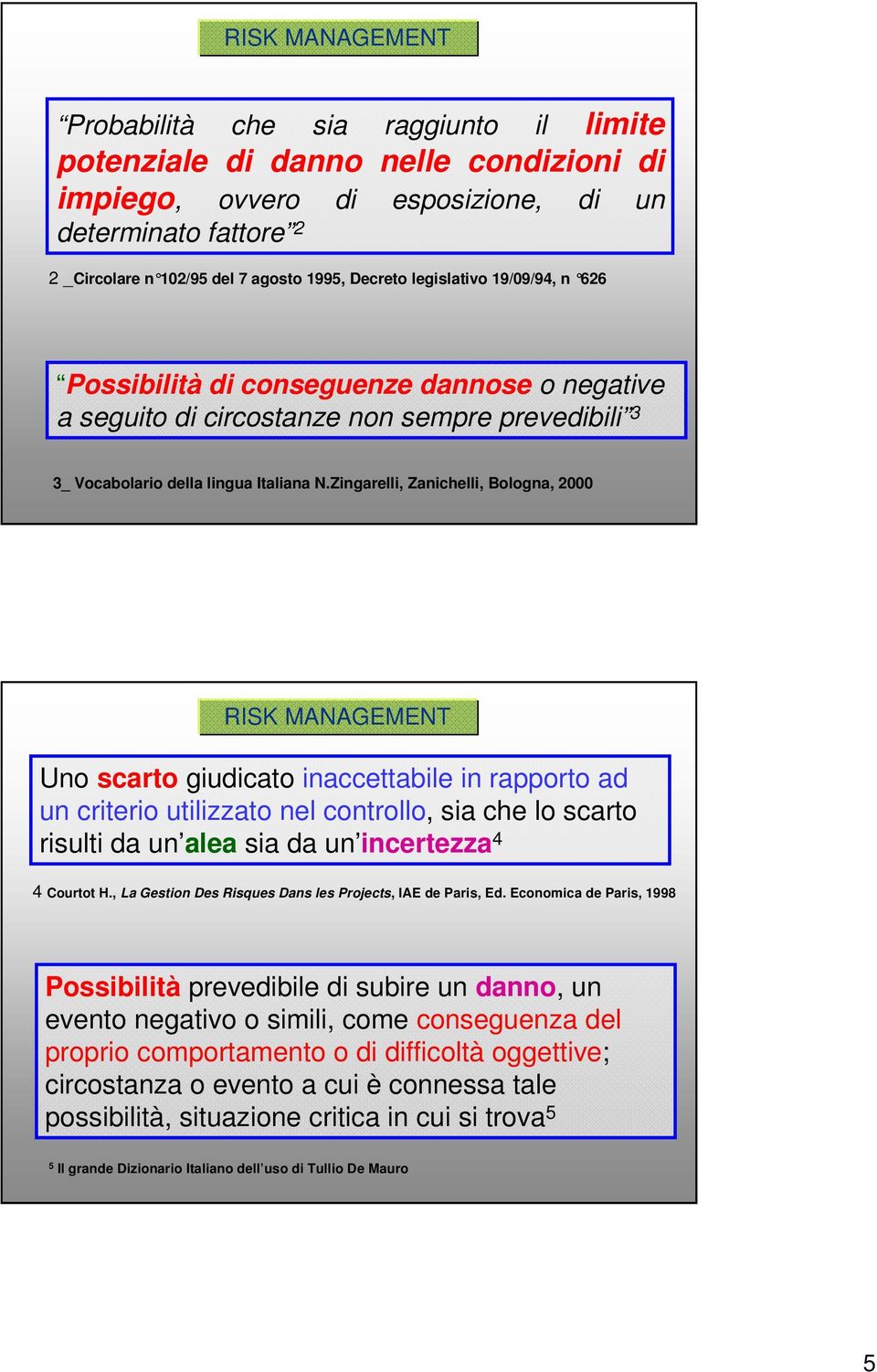 Zingarelli, Zanichelli, Bologna, 2000 Uno scarto giudicato inaccettabile in rapporto ad un criterio utilizzato nel controllo, sia che lo scarto risulti da un alea sia da un incertezza 4 4 Courtot H.