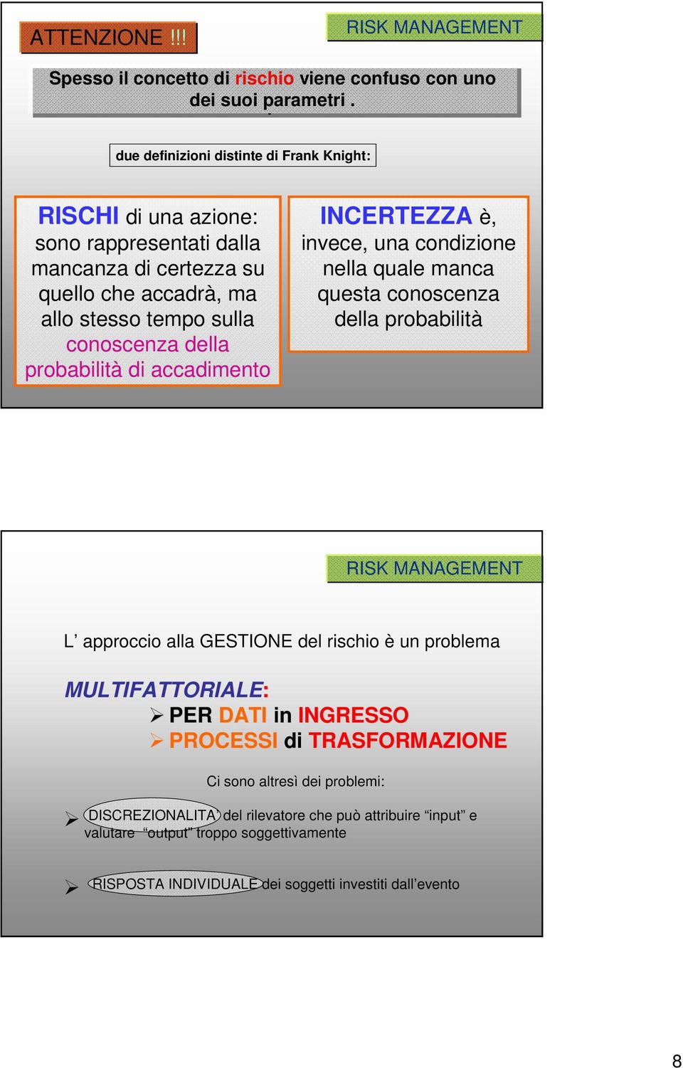 della probabilità di accadimento INCERTEZZA è, invece, una condizione nella quale manca questa conoscenza della probabilità L approccio alla GESTIONE del rischio è un