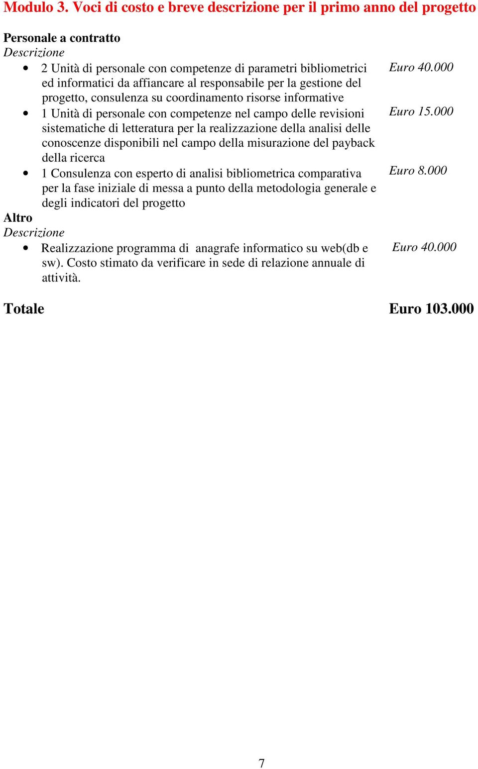 responsabile per la gestione del progetto, consulenza su coordinamento risorse informative 1 Unità di personale con competenze nel campo delle revisioni sistematiche di letteratura per la