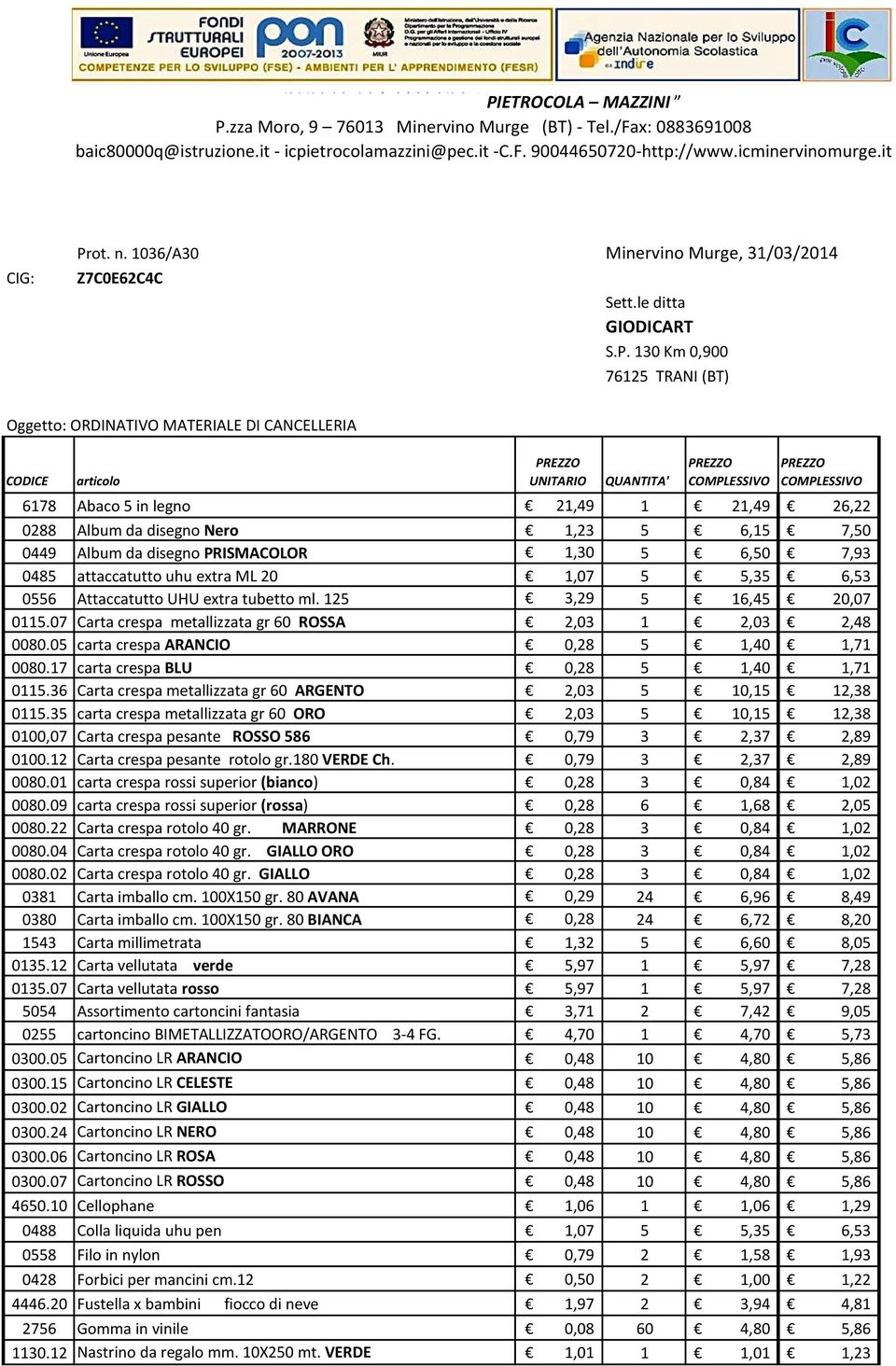 130 Km 0,900 76125 TRAN (BT) Oggetto: ORDNATVO MATERALE D CANCELLERA CODCE UNTARO QUANTTA' 6178 Abaco 5 in legno 21,49 1 21,49 26,22 0288 Album da disegno Nero 1,23 5 6,15 7,50 0449 Album da disegno