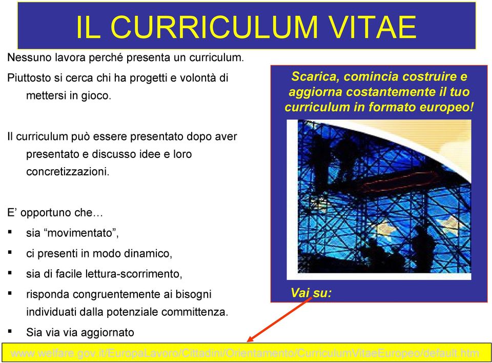 Il curriculum può essere presentato dopo aver presentato e discusso idee e loro concretizzazioni.