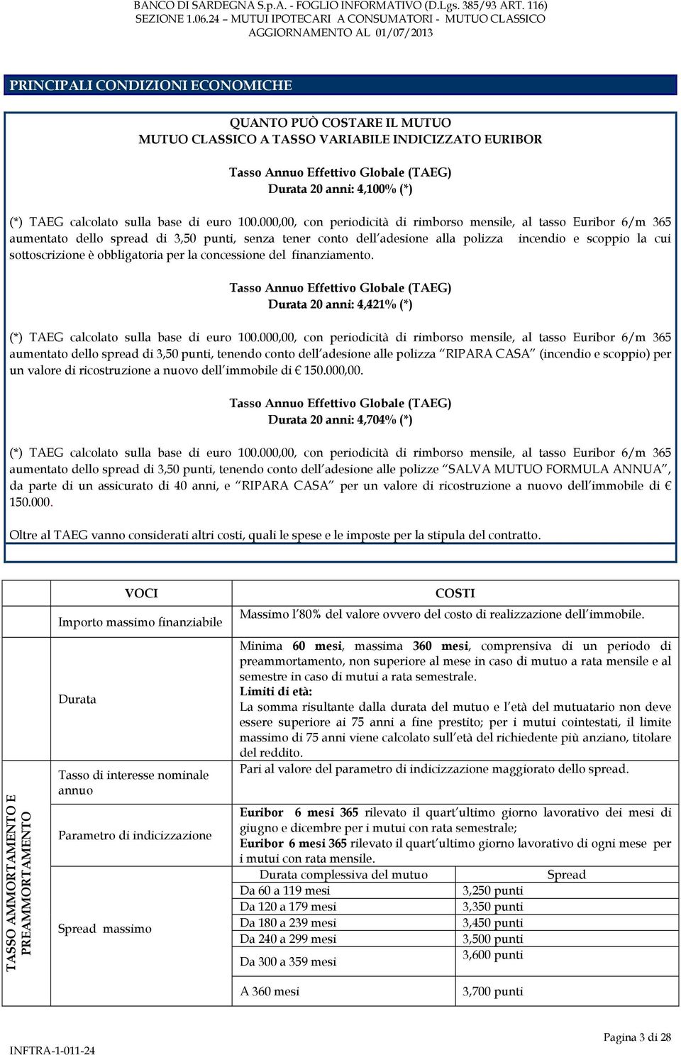 obbligatoria per la concessione del finanziamento. Durata 20 anni: 4,421% (*) (*) TAEG calcolato sulla base di euro 100.