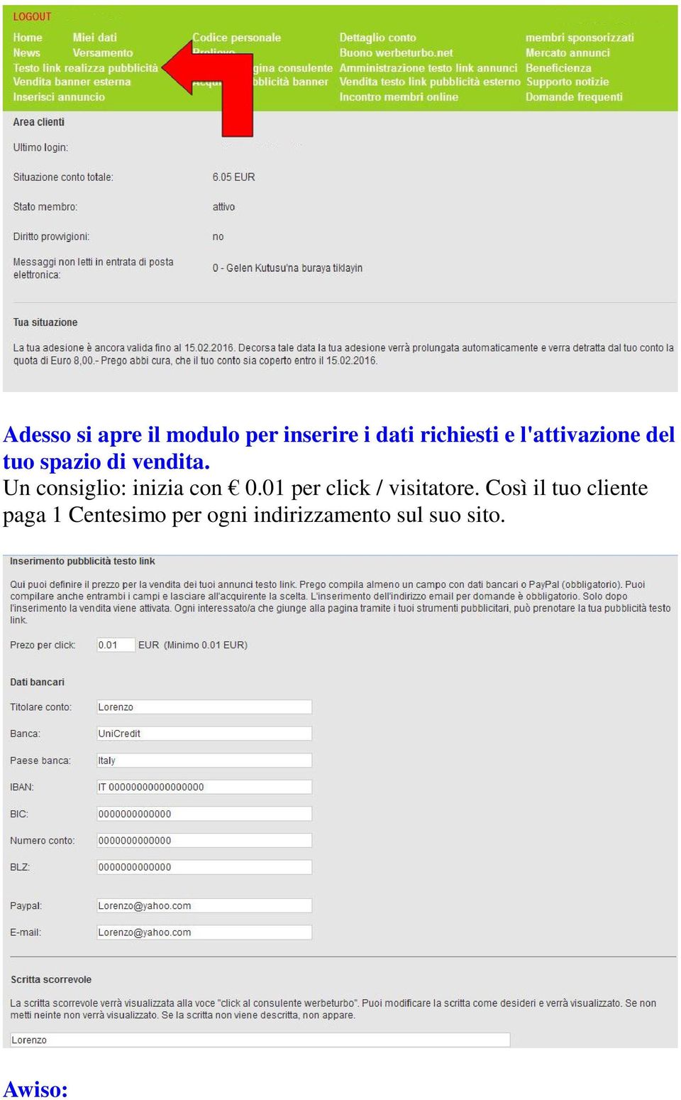 Un consiglio: inizia con 0.01 per click / visitatore.