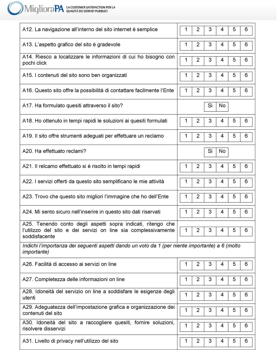 H ttenut in tempi rapidi le sluzini ai quesiti frmulati A19. Il sit ffre strumenti adeguati per effettuare un reclam A20. Ha effettuat reclami? Si N A21.