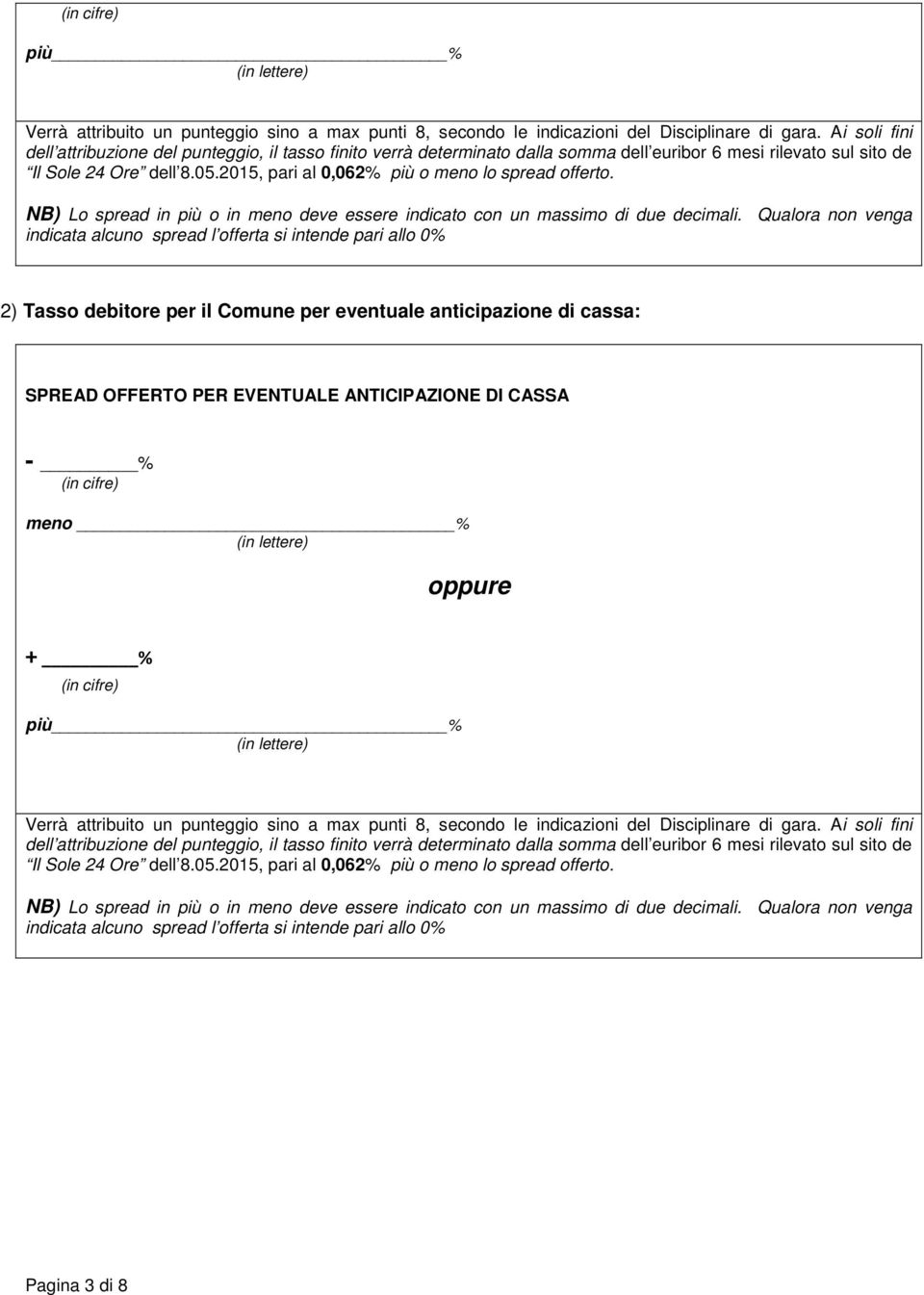 2015, pari al 0,062% più o meno lo spread offerto. NB) Lo spread in più o in meno deve essere indicato con un massimo di due decimali.