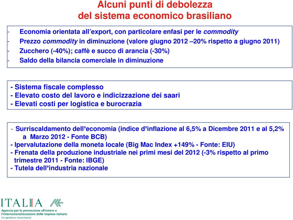 indicizzazione dei saari - Elevati costi per logistica e burocrazia - Surriscaldamento dell economia (indice d inflazione al 6,5% a Dicembre 2011 e al 5,2% a Marzo 2012 - Fonte BCB) -