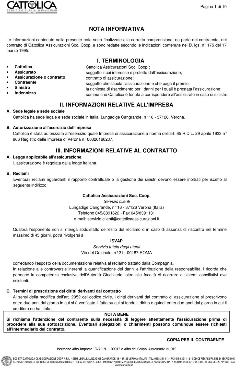 TERMINOLOGIA Cattolica Assicurazioni Soc. Coop.